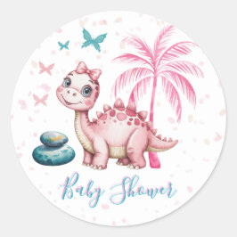 Cute Pink Dinosaur Baby Shower ラウンドシール