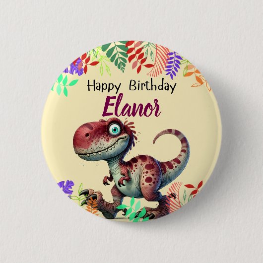 Cute Pink Dinosaur Childs Birthday 缶バッジ (正面)