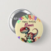 Cute Pink Dinosaur Childs Birthday 缶バッジ (正面&裏面)