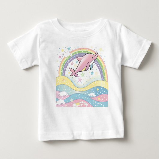Cute Pink Dolphin Baby T-Shirt with Rainbow Stars ベビーTシャツ (正面)