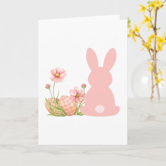Cute Pink Easter Bunny with Spring Flowers  カード (黄色い花)