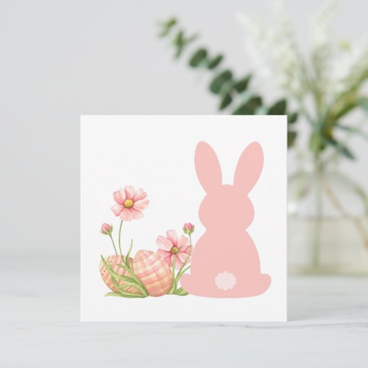 Cute Pink Easter Bunny with Spring Flowers  サンキューカード (スタンド正面)
