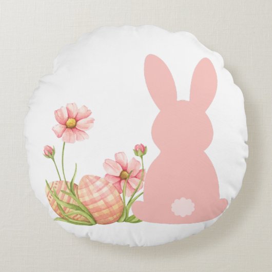 Cute Pink Easter Bunny with Spring Flowers  ラウンドクッション (正面)