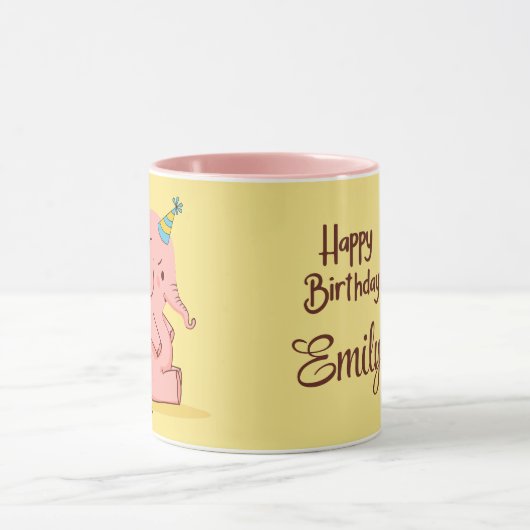 Cute Pink Elephant Birthday Mug – Custom Name Gift マグカップ (中央)