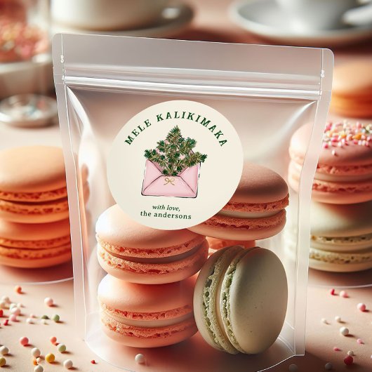 Cute Pink Envelope Holly Greenery Mele Kalikimaka  ラウンドシール