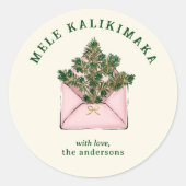 Cute Pink Envelope Holly Greenery Mele Kalikimaka  ラウンドシール (正面)