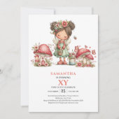 Cute Pink Fairy 7th Birthday Floral Party Invite 招待状 (正面)