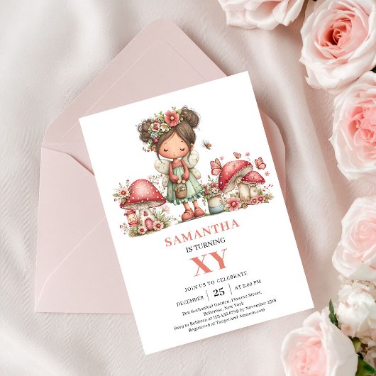 Cute Pink Fairy 7th Birthday Floral Party Invite 招待状