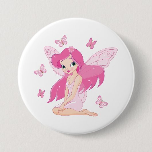 Cute Pink Fairy and Magical Butterflies 缶バッジ (正面)