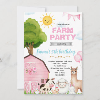 Cute pink farm barnyard invitation 招待状