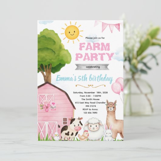 Cute pink farm barnyard invitation 招待状 (スタンド正面)