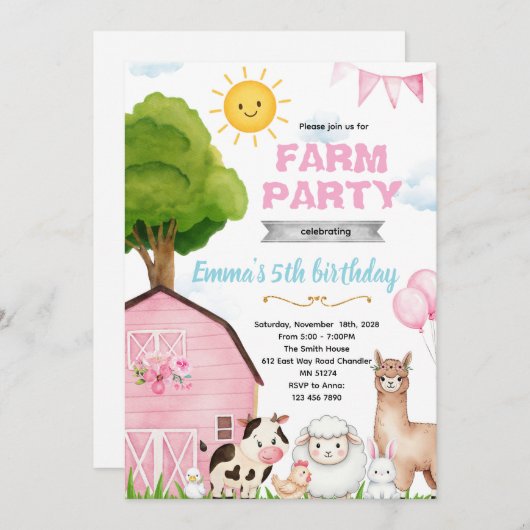 Cute pink farm barnyard invitation 招待状 (正面/裏面)