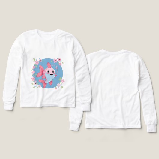 Cute Pink Fish – Kids’ Long Sleeve Tee (デザイン 正面＆背面)