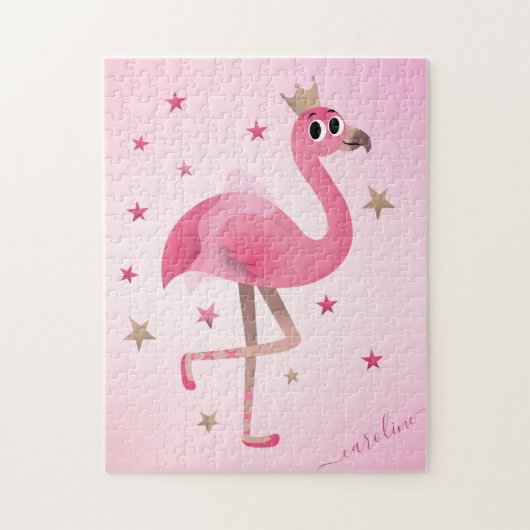 Cute Pink Flamingo Crown Stars Kids Girls Name ジグソーパズル (縦)