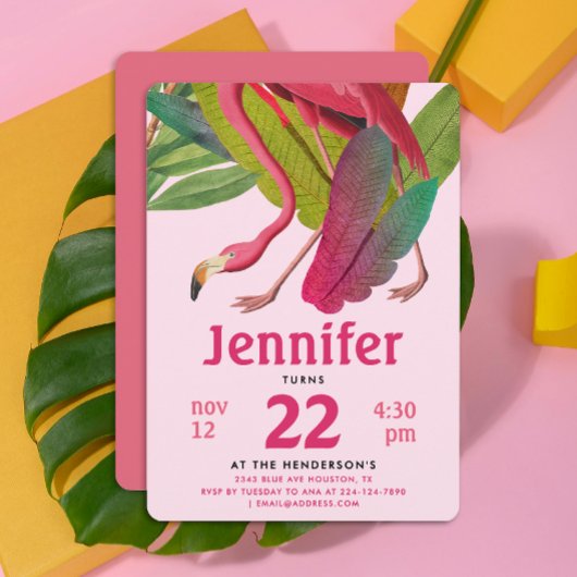 Cute Pink Flamingo Girl Tropical Aloha Summer Bday 招待状