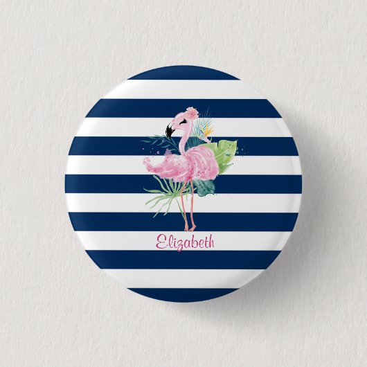 Cute Pink FlamingosTropical Leaf,Striped   缶バッジ (正面)