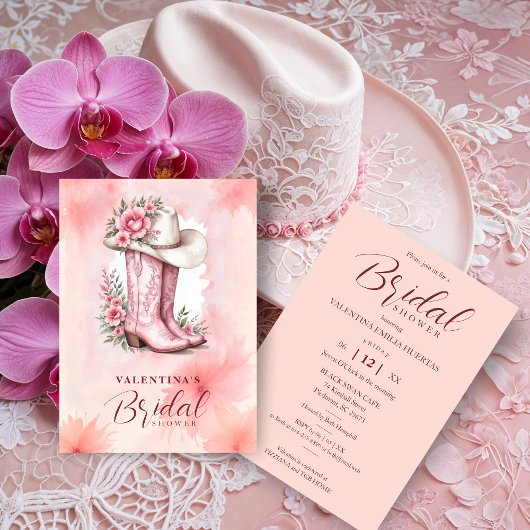 Cute Pink Floral Cowgirl Hat & Boots Bridal Shower 招待状