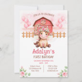 Cute Pink Floral Horse Birthday  招待状 (正面)