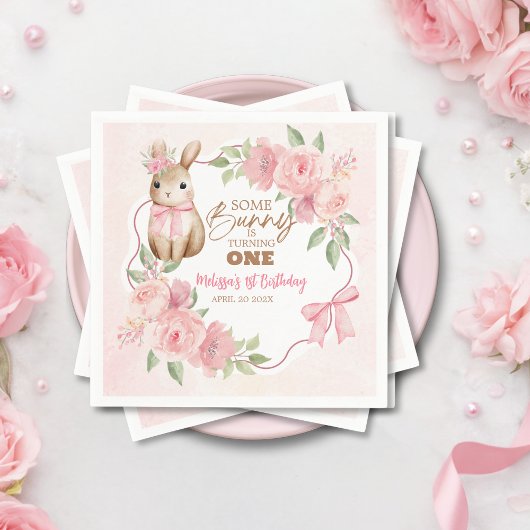 Cute Pink Floral Some Bunny Turning One Birthday  スタンダードカクテルナプキン