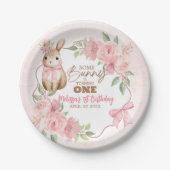 Cute Pink Floral Some Bunny Turning One Birthday  ペーパープレート (正面)