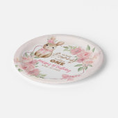 Cute Pink Floral Some Bunny Turning One Birthday  ペーパープレート (アングル)