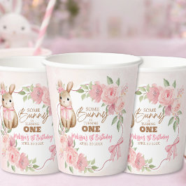 Cute Pink Floral Some Bunny Turning One Birthday  紙コップ