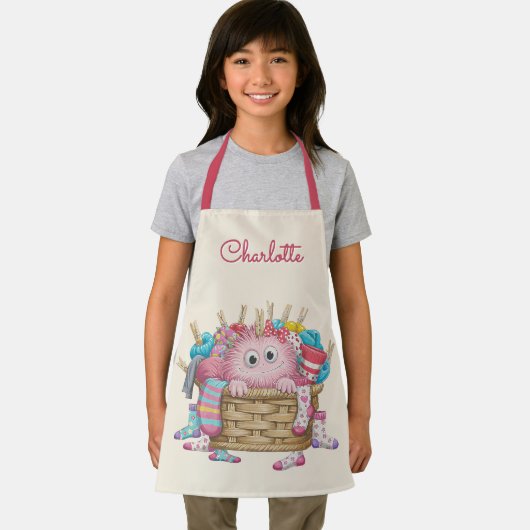 Cute Pink Fluffy Sock Monster Kids Design エプロン (インサイチュ)