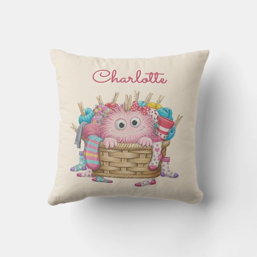 Cute Pink Fluffy Sock Monster Kids Design クッション (裏面)