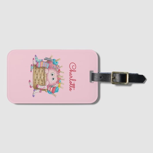 Cute Pink Fluffy Sock Monster Kids Design ラゲッジタグ (正面横)