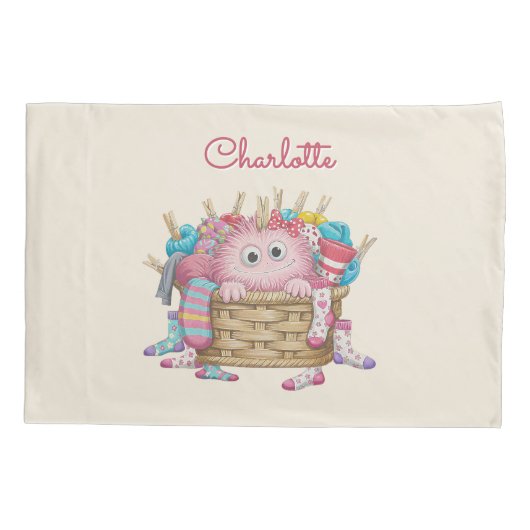 Cute Pink Fluffy Sock Monster Kids Design 枕カバー (裏面)