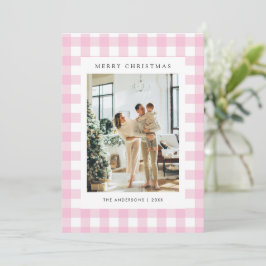 Cute Pink Gingham Plaid 5 Photo Christmas シーズンカード
