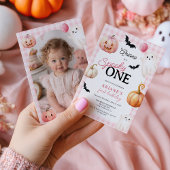 Cute Pink Gingham Spooky One Photo First Birthday 招待状