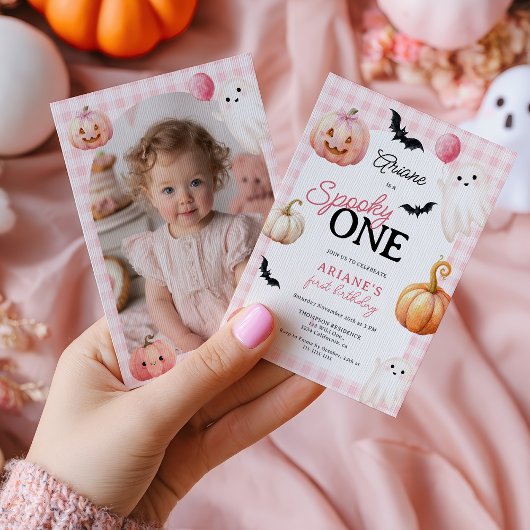 Cute Pink Gingham Spooky One Photo First Birthday 招待状
