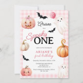 Cute Pink Gingham Spooky One Photo First Birthday 招待状 (正面)