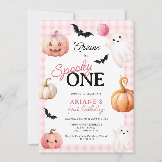 Cute Pink Gingham Spooky One Photo First Birthday 招待状 (正面)