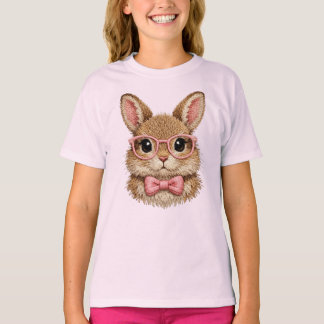 Cute Pink Glasses Bunny | Rabbit Embroidery Look - Tシャツ