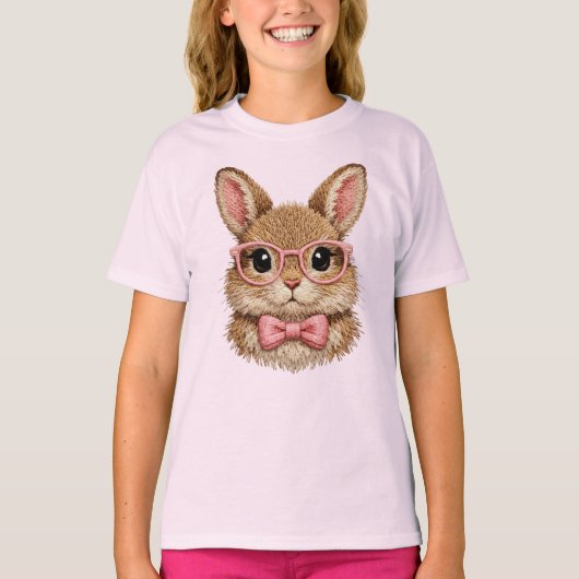 Cute Pink Glasses Bunny | Rabbit Embroidery Look - Tシャツ (正面)
