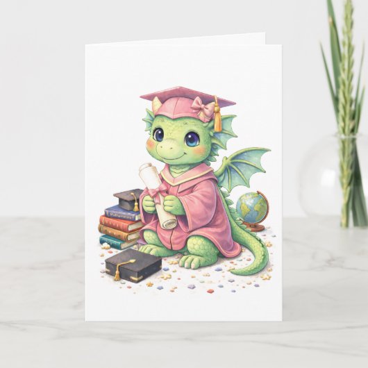 Cute Pink Graduation Dragon Greeting Card カード (正面)