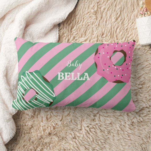 Cute Pink & Green Donut Baby Throw Pillow ランバークッション (ブランケット)