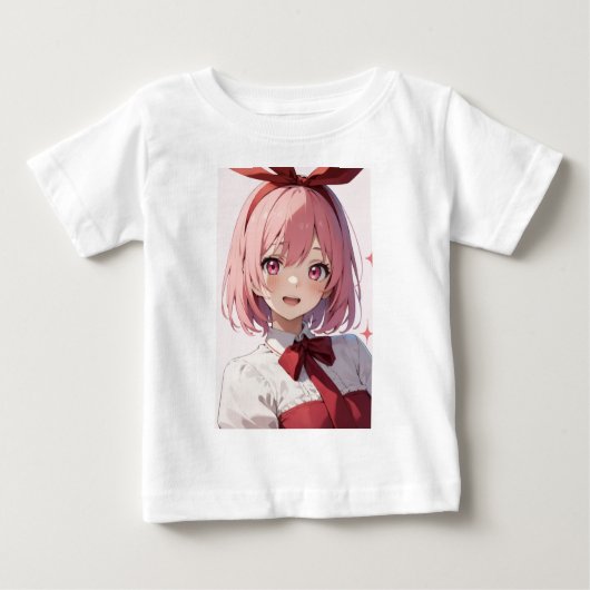 Cute Pink-Haired Anime Girl Illustration ベビーTシャツ (正面)