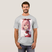 Cute Pink-Haired Anime Girl Illustration Tシャツ (正面フル)
