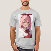 Cute Pink-Haired Anime Girl Illustration Tシャツ (正面)