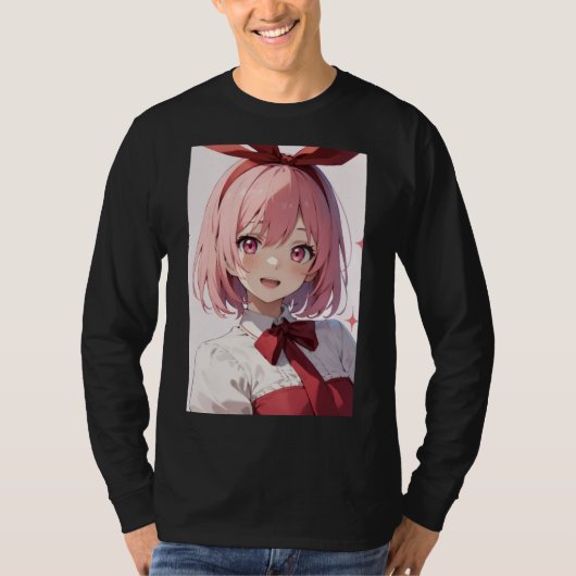 Cute Pink-Haired Anime Girl Illustration Tシャツ (正面)