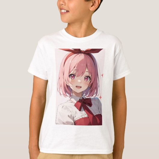 Cute Pink-Haired Anime Girl Illustration Tシャツ (正面)