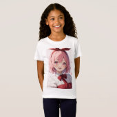 Cute Pink-Haired Anime Girl Illustration Tシャツ (正面フル)