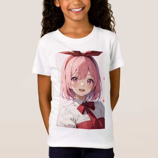 Cute Pink-Haired Anime Girl Illustration Tシャツ (正面)