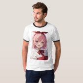 Cute Pink-Haired Anime Girl Illustration Tシャツ (正面フル)