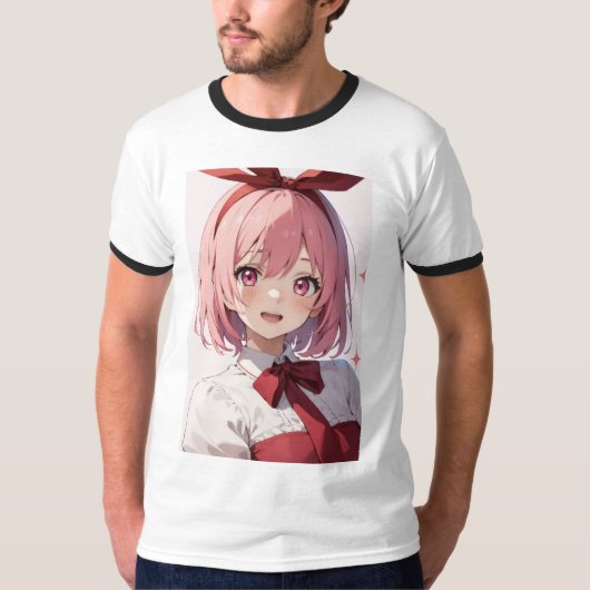 Cute Pink-Haired Anime Girl Illustration Tシャツ (正面)