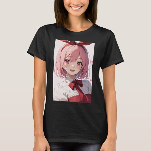 Cute Pink-Haired Anime Girl Illustration Tシャツ (正面)