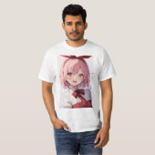 Cute Pink-Haired Anime Girl Illustration Tシャツ (正面フル)